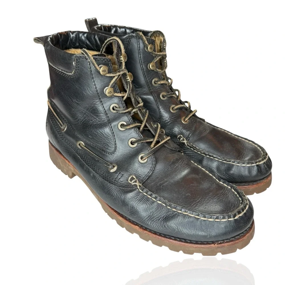 Frye Boots Men's Size 10.5 Black Leather Made In USA Lace Up Apron Moc Toe Shoes